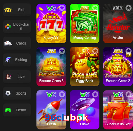 Main screen of 96Clubpk game page for PK players